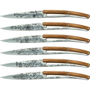 Deejo sada 6 stealpvácj nožů, lesklý povrch, olivové dřevo, design "květiny" 2AB010